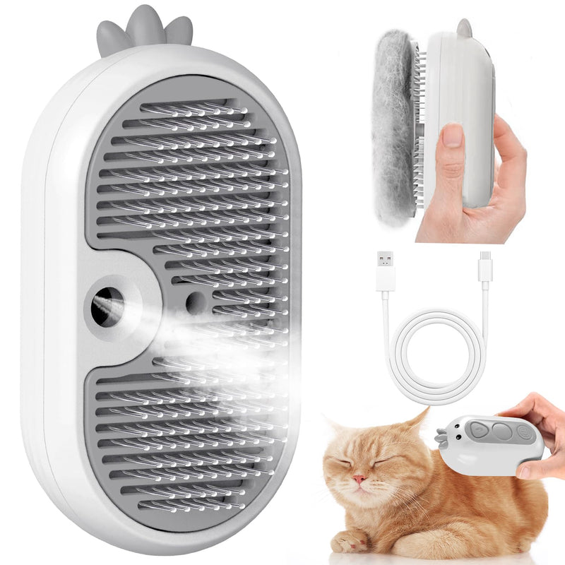 Cat Steam Brush with Release Button, 3 in 1 Rechargeable Pet Spray Water Comb for Long & Short Hair Removal, Self Cleaning Slicker Vapor Brush for Indoor Cats Dogs Rabbits Shedding Grooming White - PawsPlanet Australia