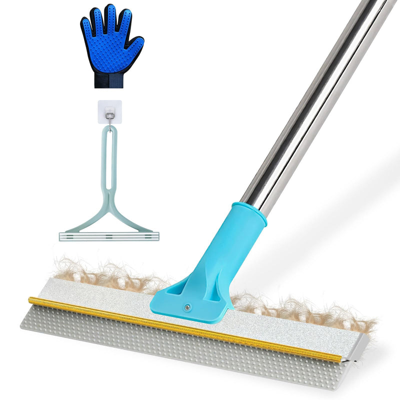 Carpet Rake for Pet Hair Removal - 54" Adjustable 2 in 1 Carpet Broom with Copper Rake Scraper & TPU Brush, Reusable Cat Dog Hair Remover Tool for Deep Cleaning Carpets, Rugs, Mats, and Stairs (Blue) Blue Pro+Mini+Glove - PawsPlanet Australia
