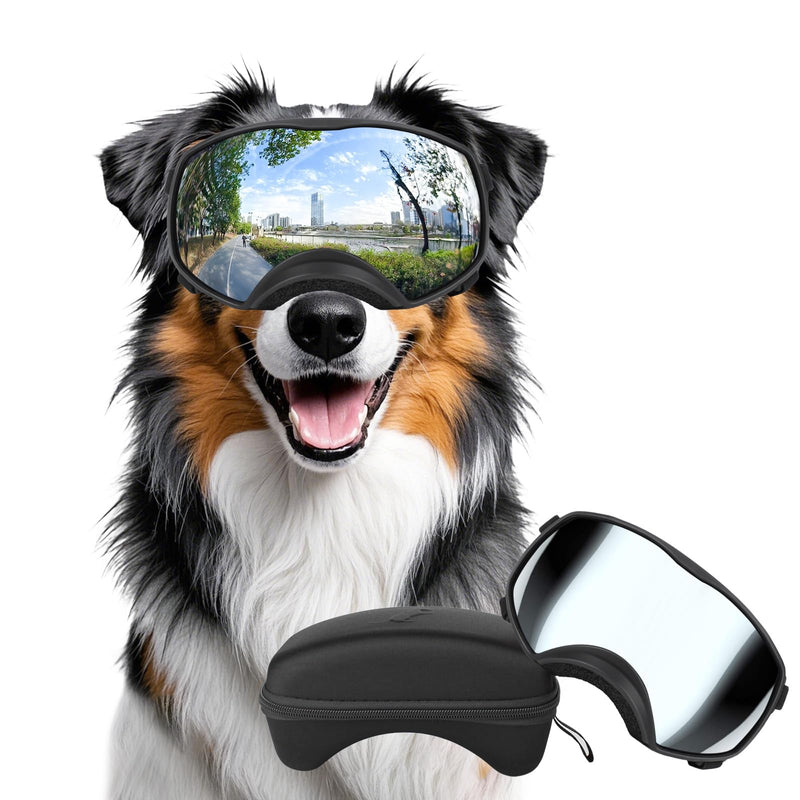 Dog Sunglasses UV Protection Silver Dog Goggles Windproof Glasses with Elastic Straps for Medium-Large Breed, Black Frame + Silver Lens Black Frame+Silver Lens - PawsPlanet Australia