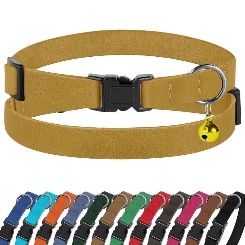 Breakaway Cat Collar Leather with Removable Bell - 13 Colors Available - Soft Adjustable Girl Boy Safety Lightweight Pet Kitten Collars Pink Brown Blue Green Red Orange Black (Mustard) Mustard - PawsPlanet Australia