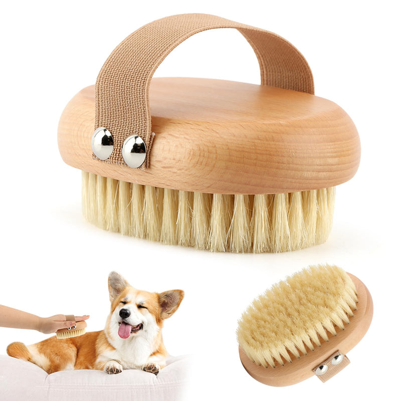 Soft Boar Bristle Pet Palm Brush for Short Haired Dogs and Cats, Ergonomic Pet Brush with Band, Natural Bristle Grooming Brus-h for Gentle Massage/Reduces Shedding(COLOR:Wood) Wood - PawsPlanet Australia