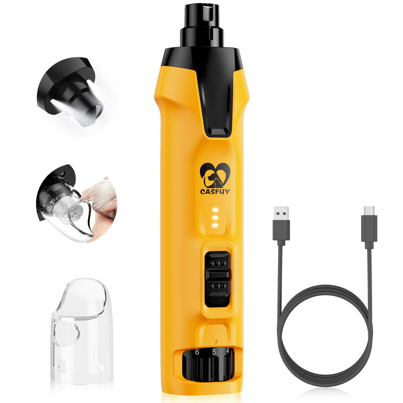 Casfuy 6-Speed Dog Nail Grinder – 50%+ Boost Power Dog Nail Trimmers Quiet with Dust Cap & 2 LED Lights & 2000mAh Battery & 4.8V Motor Electric Pet Toenail File Tool for Large Medium Small Dogs Cats Yellow - PawsPlanet Australia