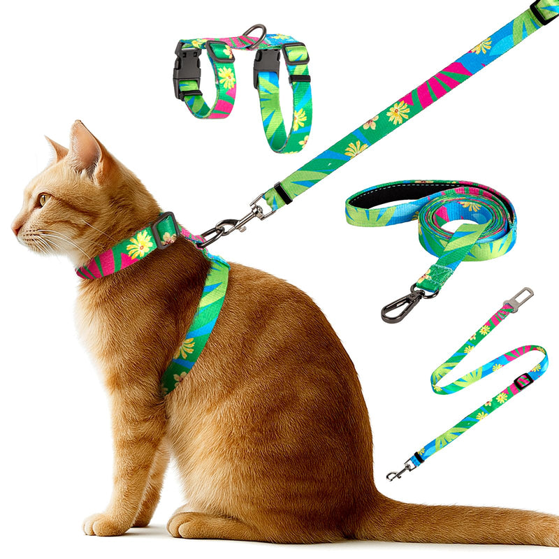 Cat Harness and Leash Set, Anti Escape Adjustable Cat Leash, Comfortable Soft Lightweight, Use Safe & Easy, Suitable for Small, Walking Kitten Harness for Large Medium Small Cats, Hawaii Green - PawsPlanet Australia