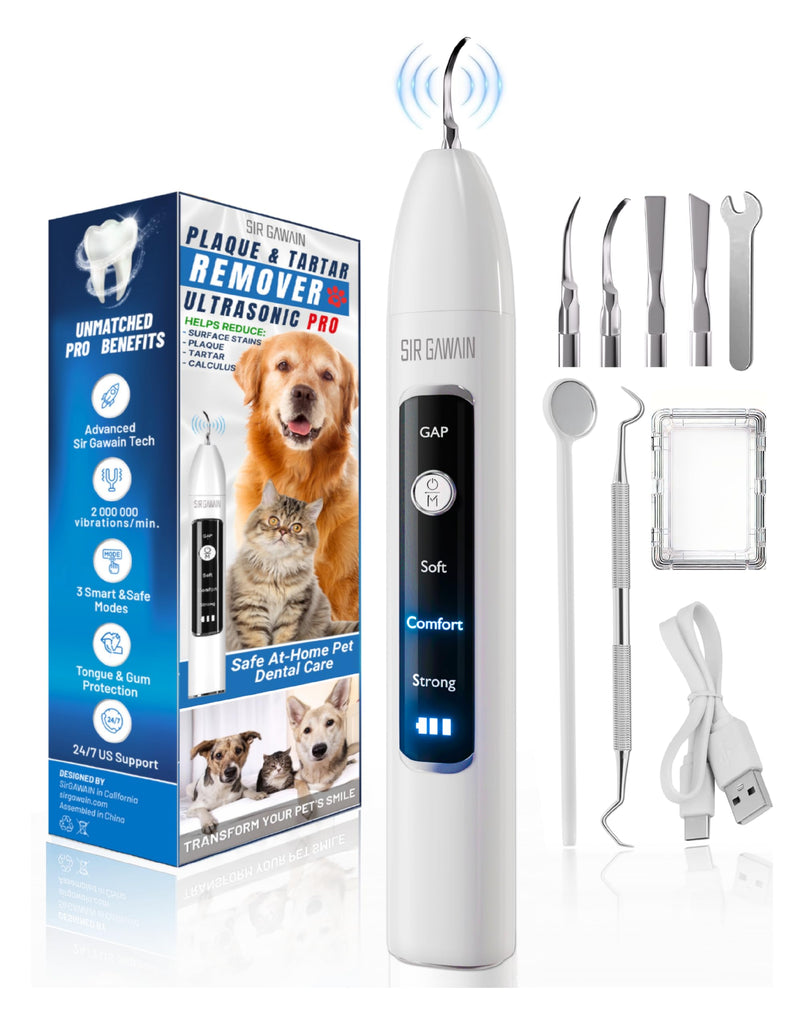 SIRGAWAIN Pet Ultrasonic Dental Cleaner — Plaque, Tartar & Stains Remover, 4 Tips, 3 Modes, LED, Contact-Activated & Smart Touch Protection, Complete Cleaning Kit for Dogs & Cats (White) White - PawsPlanet Australia