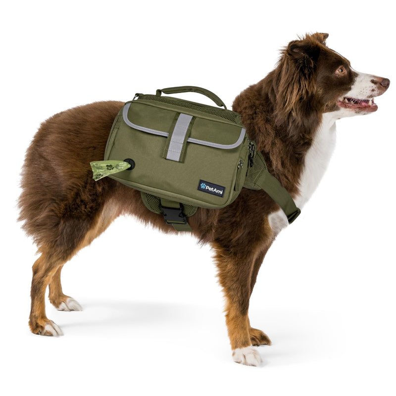 PetAmi Dog Backpack for Medium & Large Dogs, Saddle Bag for Dogs to Wear for Hiking, Pet Backpack Harness Dog Pack with Reflective Side Pockets for Walking Running Olive Canvas - PawsPlanet Australia