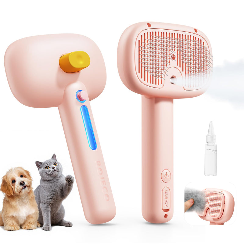 ROJECO 3-in-1 Pet Steam Brush for Cats&Dogs - Detangling Comb with Adjustable Mist, Handheld Deshedding Grooming Tool for Long/Short Hair, Massage Brush & Shedding Control Gift,Cordless,Pink Pink