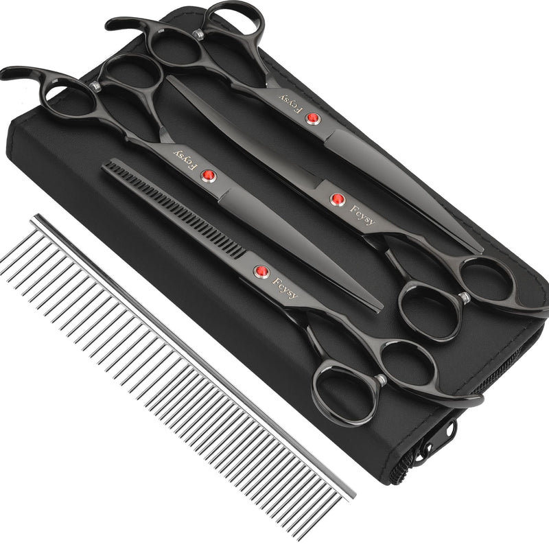 Dog Grooming Scissors Kit, Fcysy Professional Pet Hair Cutting Shears Set with Curved & Straight Blades Scissors Thinning Shears– Stainless Steel Grooming Tools for Dogs & Cats at Home 8pcsblack - PawsPlanet Australia