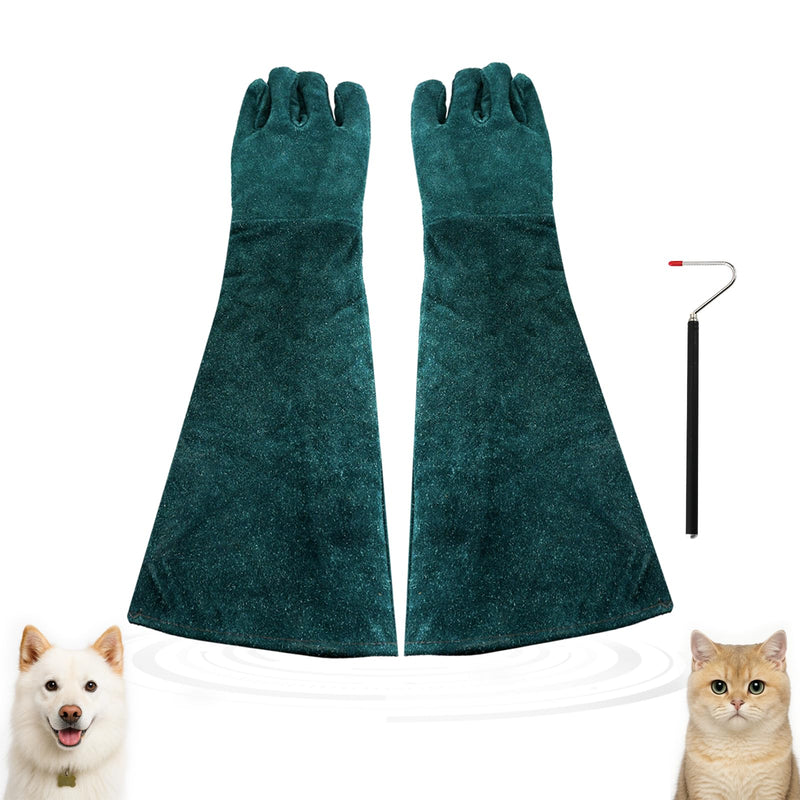 23inch Animal Handling Gloves & 40" Collapsible Snake Hook Kit, Training Glove for Cats Scratch Reptiles Birds Falcon Grabbing（Green） Green（23" & 43" Snake Hook） - PawsPlanet Australia