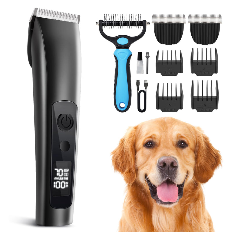 Dog Clippers for Grooming Thick Hair with Undercoat Rake, Low Noise Cordless Dog Grooming Kit with 2 Replacement Blade, Rechargeable Cat Shaver Timmer for Pets Glossy black - PawsPlanet Australia