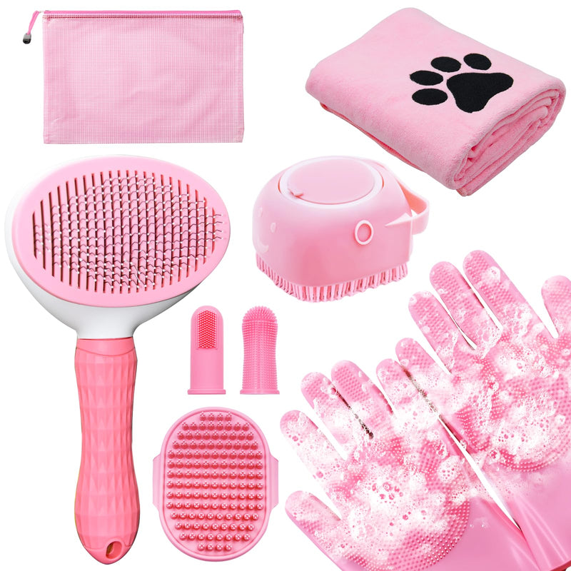Dog Grooming Kit for Shedding – 8-Piece Pet Grooming Supplies with Deshedding Brush, Bath Gloves, Towels & Silicone Toothbrush | Ideal for Dogs, Cats, Small and Large Pets (Pink) 8 PACK Pink