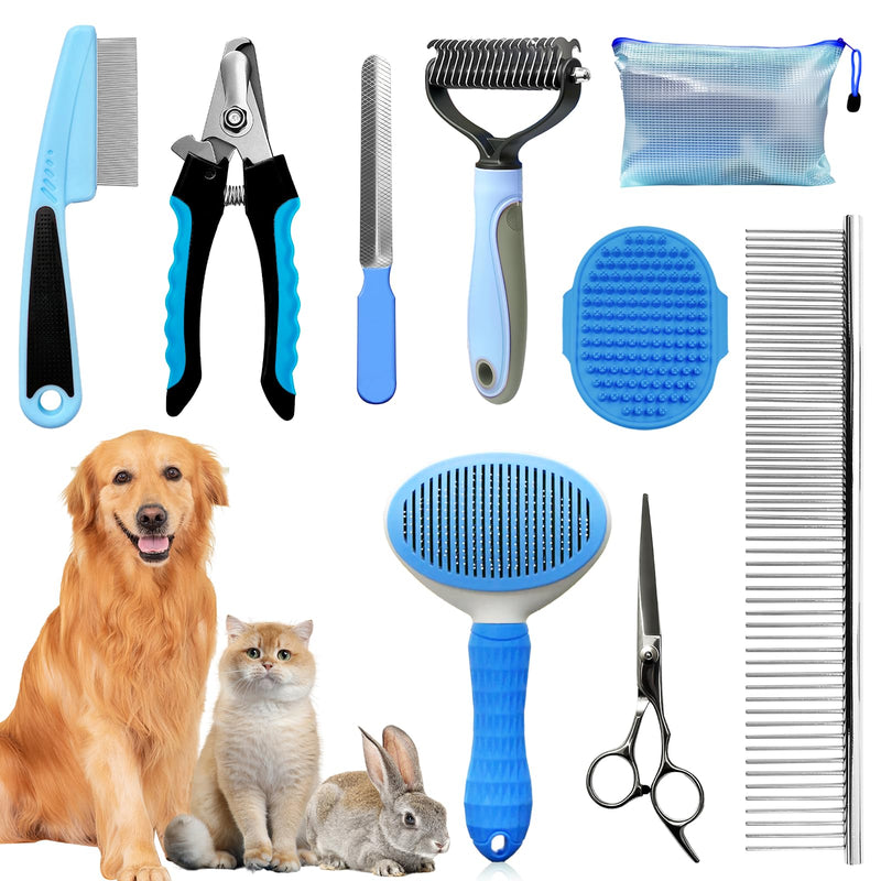 Dog Brush & Grooming Kit – 9-Piece Pet Brush & Deshedding Set for Shedding, Bathing, Trimming & Nail Care | Grooming Tools for Dogs & Cats, Includes Comb, Nail Clipper, Scissors, Slicker Brush (Blue) 9 PACK Blue - PawsPlanet Australia