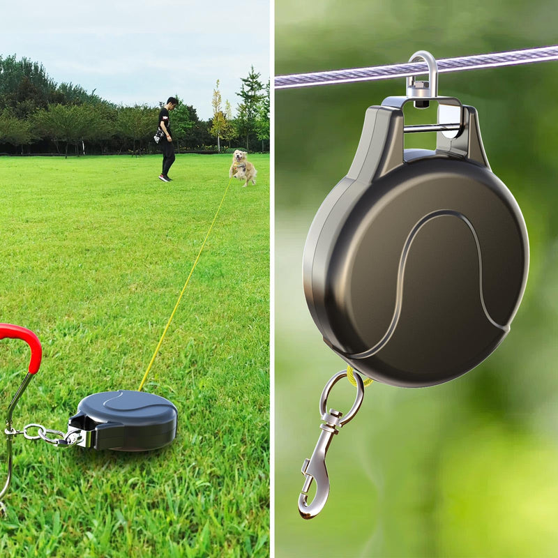 30ft Retractable Dog Leash, 2-in-1 Retractable Dog Lead for Zipline, Aerial Run Cable Trolley Or Stake Anchor, No Tangle Lead Reel for Camping Or Yard (1 Pack- Black) 1 Pack- Black - PawsPlanet Australia