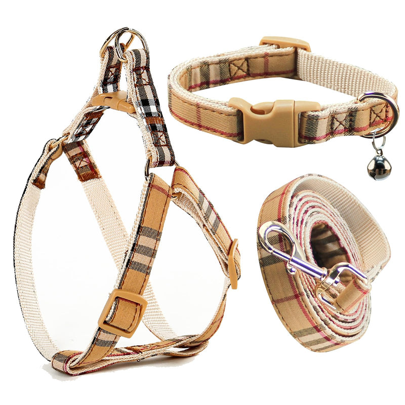 Cute Plaid Dog Collar Harness and Leash with Safety Buckle - Adjustable and No Pull Comfortable Dog Collars for Small Puppy, Stylish Durable Gift for Boy Girl Pets S beige-03 - PawsPlanet Australia