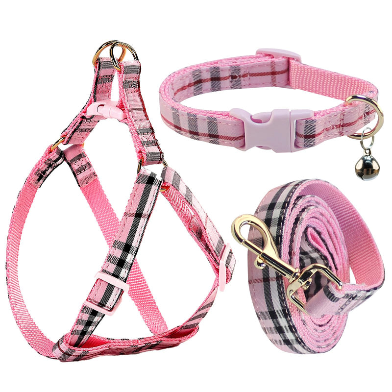Cute Plaid Dog Collar Harness and Leash with Safety Buckle - Adjustable and No Pull Comfortable Dog Collars for Small Puppy, Stylish Durable Gift for Boy Girl Pets S pink-03 - PawsPlanet Australia