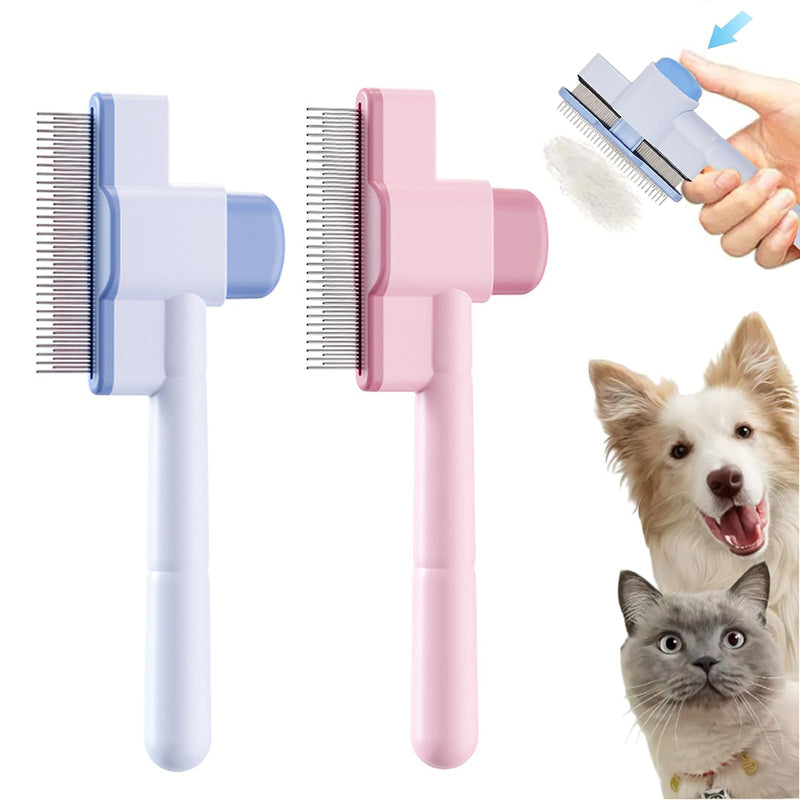 2PCS Flea Comb for Cats Dog Brush for Shedding, Pet Hair Removal Tool with Long & Short Stainless Steel Metal Teeth and Release Button Self-Cleaning for Shedding and Tangles (Pink+Blue) Pink+Blue