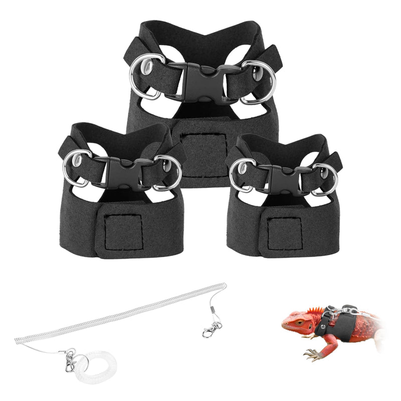3 Pack Escape-Proof Bearded Dragon Leash - Adjustable Leather Vest and Retractable Nylon Leash, Bearded Dragons Accessories for Chameleons & Small Pets (S/M/L,Black) 3 pack black - PawsPlanet Australia
