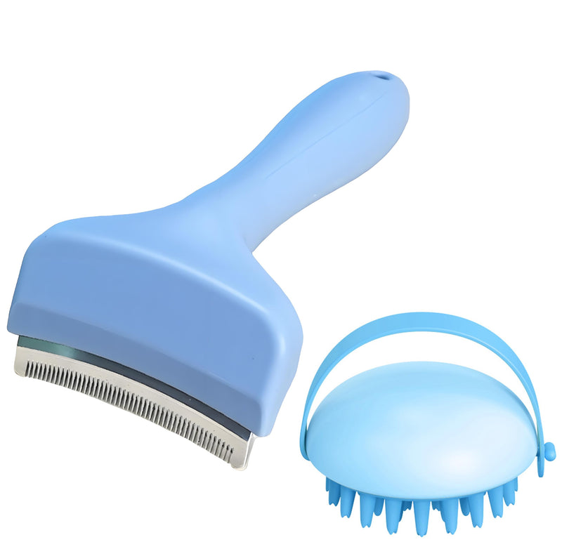 2 Pack Pet Grooming Set, Short Teeth Stainless Steel Deshedding Brush for Short-Haired Dogs and Soft Silicone Circular Bath Brush, Efficient Fur Removal and Gentle Cleaning (Blue, Small) Blue - PawsPlanet Australia