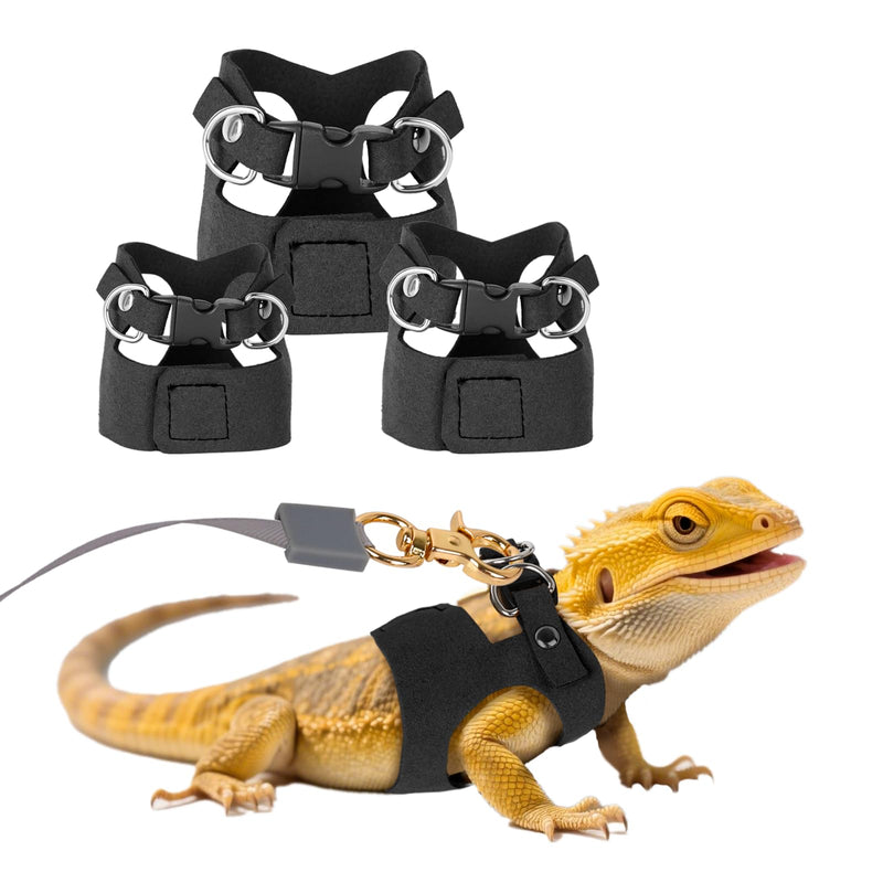 3 Pack Bearded Dragon Harness and Leash Set, Bearded Dragon Leash, Soft Leather Harness with 6.56FT/2M Retractable Leash, Small Animal Easy Walk Harness for Ferret, Rabbit, Hamster, Lizard (Black) Black - PawsPlanet Australia