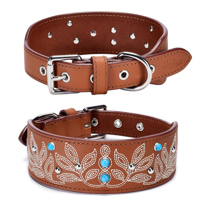 Blueberry Pet Genuine Leather Dog Collar - Western-Inspired Brown Leather Dog Collar for Large Dogs with Floral Embroidery & Turquoise Studs, 18-22 Inch Adjustable & Durable for City Pet Owners Canyon Brown