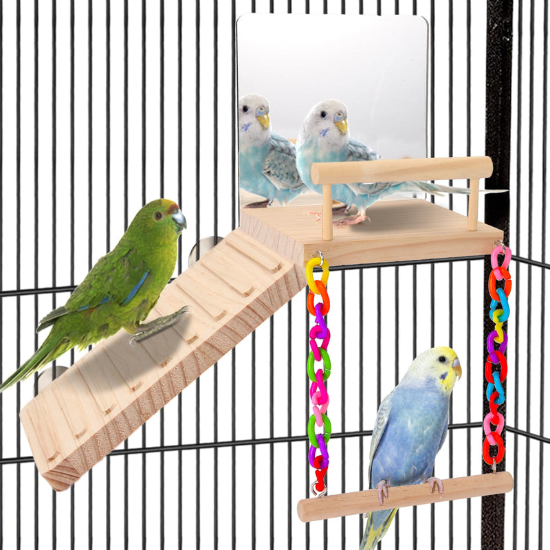 KyoukiBird Perch Platform Bird Toys with Bird Mirror Climbing Ladder Swing, Parakeet Cage Accessories - for Cockatiels, Lovebirds, Budgies,Pacific Parrotlets,Finch,Canaries - Wooden Play Gym - PawsPlanet Australia