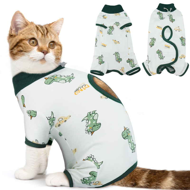 DENTRUN Cat Surgery Recovery Suit Female Male Soft Onesie, Kitten Surgical Collar Cone Alternative Shirt, Abdominal Wounds Anti-Licking Pajama for Small Pets Spay, Cat Body Suit Post Surgery XL Green Dinosaur - PawsPlanet Australia