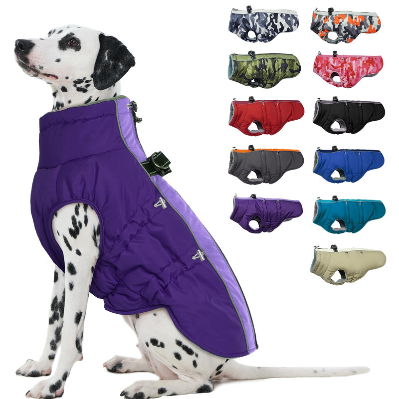 Dog Coat Winter Warm Dog Jackets for Medium Dogs Reflective Snowsuit with Harness Fleece Dogs Snow Jacket Vest Waterproof Pet Clothes for Cold Weather Purple