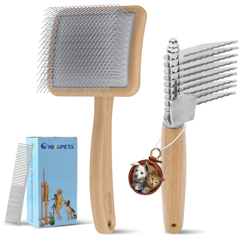 Long Pin Dog Slicker Brush for Poodles, Golden Doodles & Cats - 3-Piece Grooming Kit with Dematting Comb and Pet Comb, Large Wooden Handle Deshedding Tools for Thick Hair Mats Removal - PawsPlanet Australia