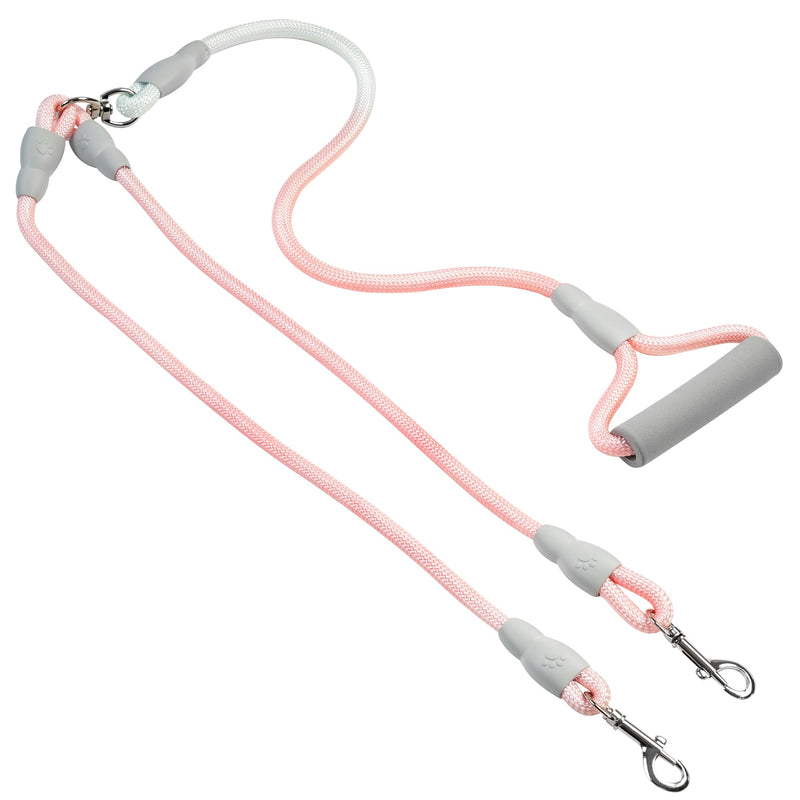 Double Dog Leash for Two Dogs, Y-Shaped No Tangle Dog Rope for Small Medium Dogs, High-Strength Nylon Braided Leash with Soft Foam Handle, Pink Gray Morandi Color - PawsPlanet Australia