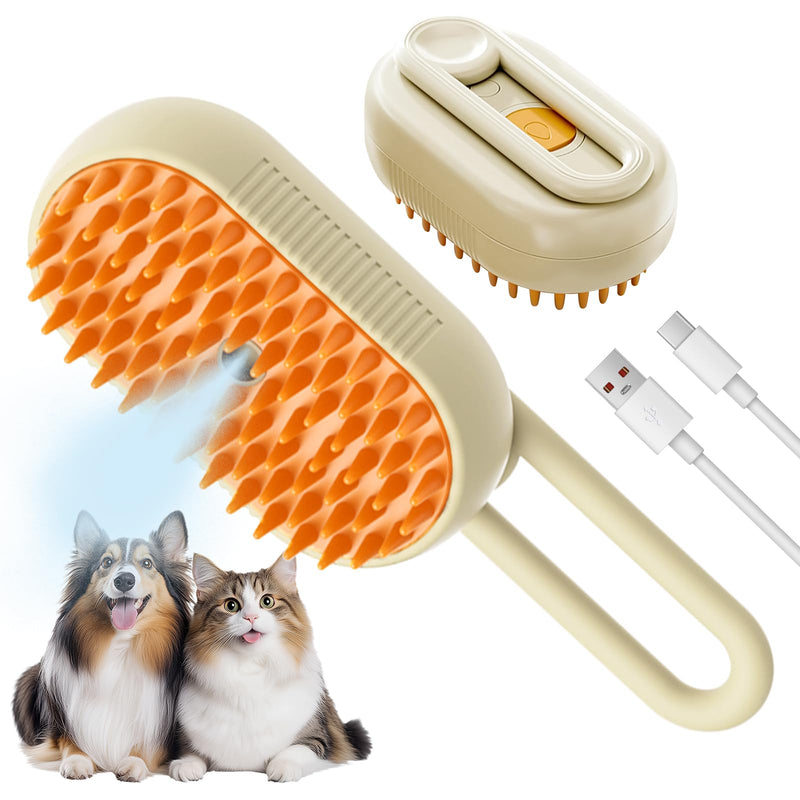LunaSync Cat Steam Brush for Shedding, 4 in 1 Rechargeable Pet Grooming Brush for Cats and Dogs, Anti-Static Deshedding Tool with Massage & Cleaning, Comb for Long Short Hair - Beige - PawsPlanet Australia