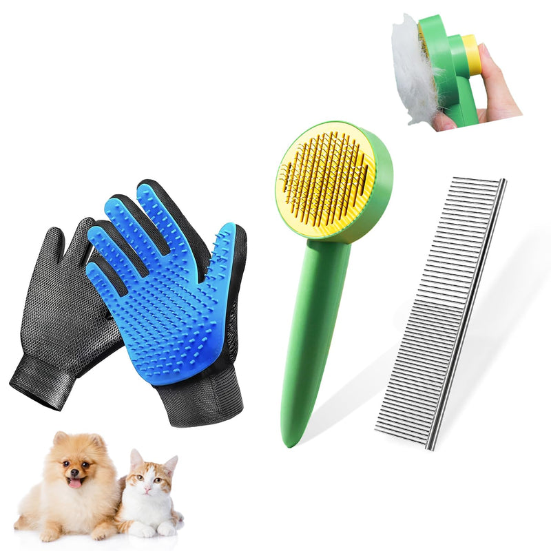 Dog & Cat Brush,Pet Grooming Kit 4PCS- Dog Brush for Shedding| A Pair Pet Hair Removal Gloves| Metal Comb for dog.Removes Undercoat, Loose Hair, Tangled, Dirt and Massages. All hair Types 4PCS-Green - PawsPlanet Australia