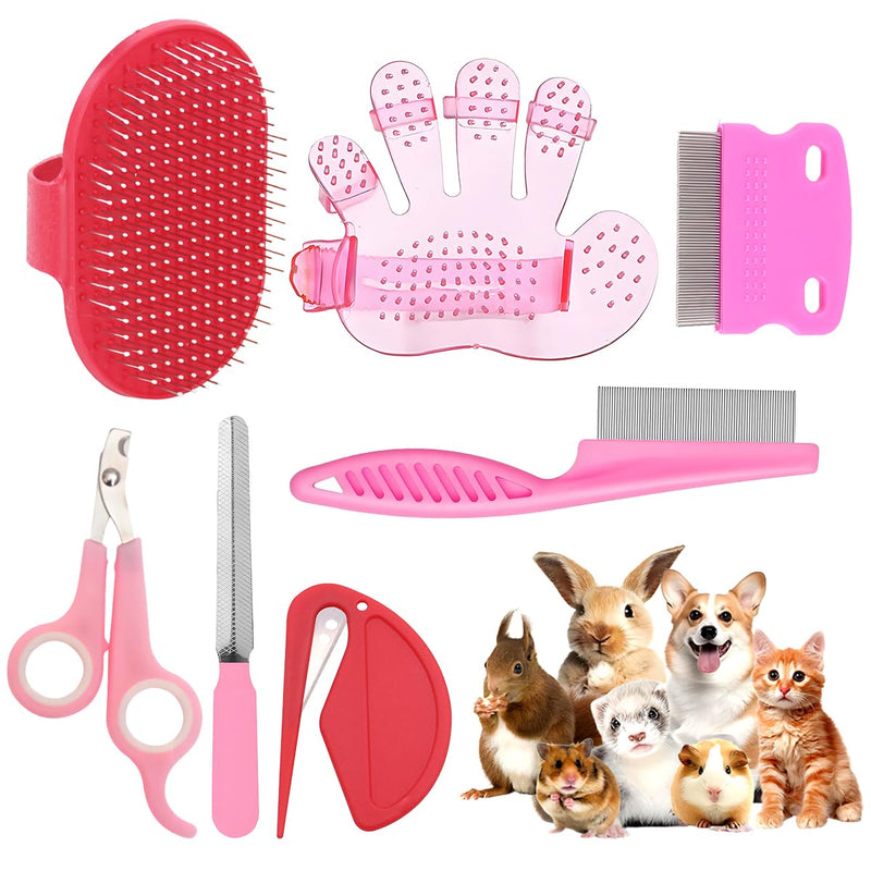 Rabbit Grooming Kit – Bunny Grooming Kit with Shedding Brush, Nail Clippers & Comb – Small Animal Grooming Supplies for Rabbits, Guinea Pigs, Hamsters, Ferrets - Small Pet Shedding & Care (Pink) Pink