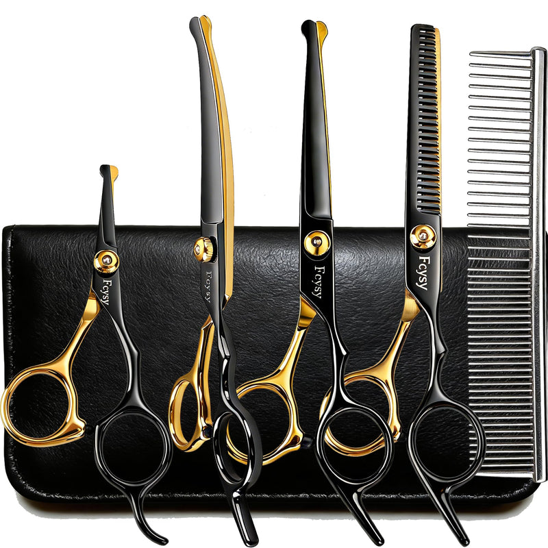 Dog Grooming Scissors Kit, Fcysy Professional Pet Shears for Cats at Home, Dog Grooming Tools with Curved & Straight Blades Scissors Thinning Shears Pet Supply Set Gold 7 Pcs - PawsPlanet Australia
