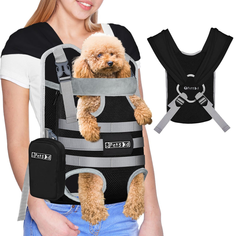 Petskd Dog Front Carrier Backpack for Small Pet with Adjustable Cross Shoulder Straps, Hands Free Puppy Legs Out Chest Carriers for Hiking, Cycling, Vet (Black, M) - PawsPlanet Australia