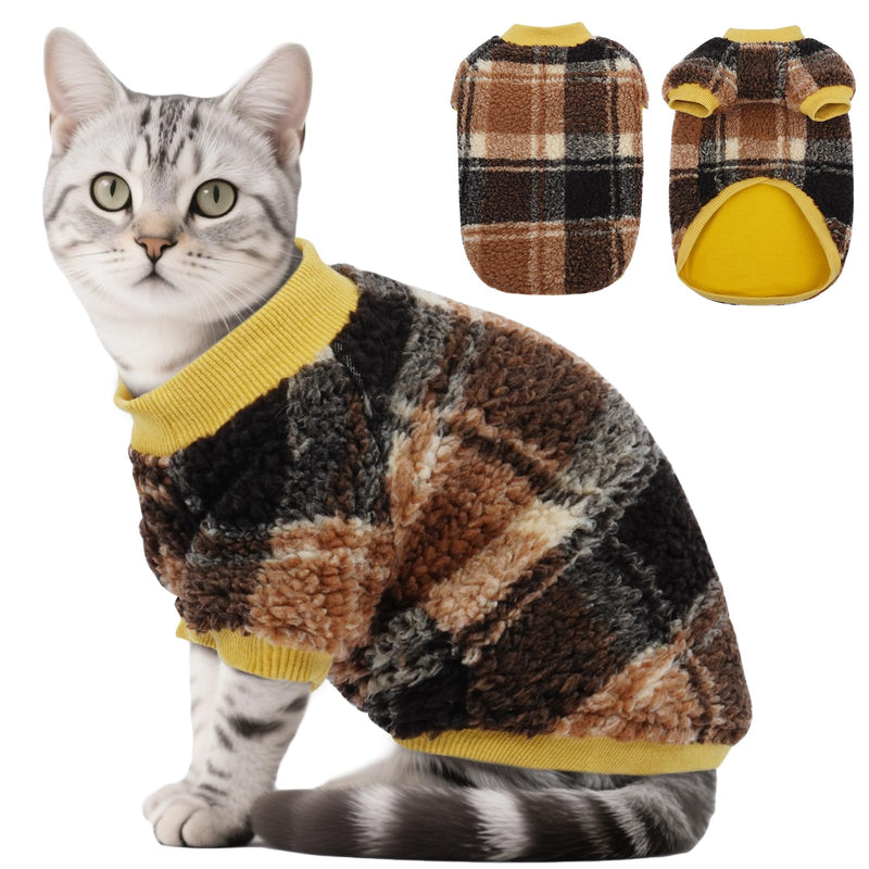 DENTRUN Cat Sweater Winter Clothes - Plush Fleece Coat with Cotton Lining, Anti-Static, Front Legs Kitten Pajamas, Stretch Ribbed Cuffs for Warmth, Cozy Christmas Outfit for Small Medium Large Cats X-Large Yellow Plaid - PawsPlanet Australia