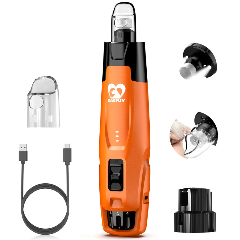 Casfuy New 6-Speed Dog Nail Grinder - 50% More Power Dog Nail Trimmers with 2 LED Lights Quiet 7h Running Time Electric Pet Nail Grinder File Toenail Grinder for Large Medium Small Dogs & Cats (OR) Orange - PawsPlanet Australia