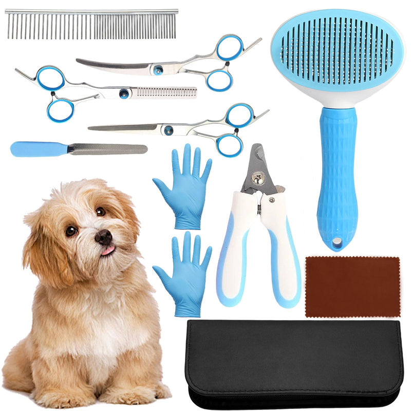 Dog Grooming Kit 9pcs Professional Scissors Set with Comb for Dogs Cats Dog Brush for Shedding Nail Clipper with Nail File Brushes for Grooming Safety Round Tip Shears Kit Blue Small Large Pet - PawsPlanet Australia