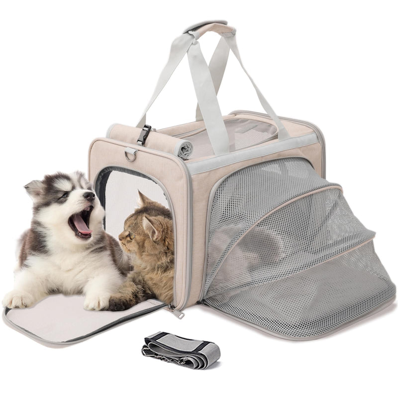 Small Dogs Carrier Airline Approved Soft Cat Carriers Stylish Expandable Pets Carriers Puppies Kitties Cage,Ventilated,Rabbit Bunny Small Animals Travel Outdoor Khaki Color 17.5"L x 12.0"W x 12.0"H