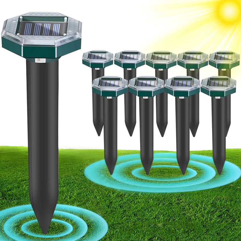 10 Pack Mole Repellent Solar Powered Snake Repellent for Yard- Ultrasonic Pest Repeller Gopher Rodent Rat Mouse Groundhog Skunk Chipmunk Vole Remover for Lawns Garden Yard Outside(10) 10