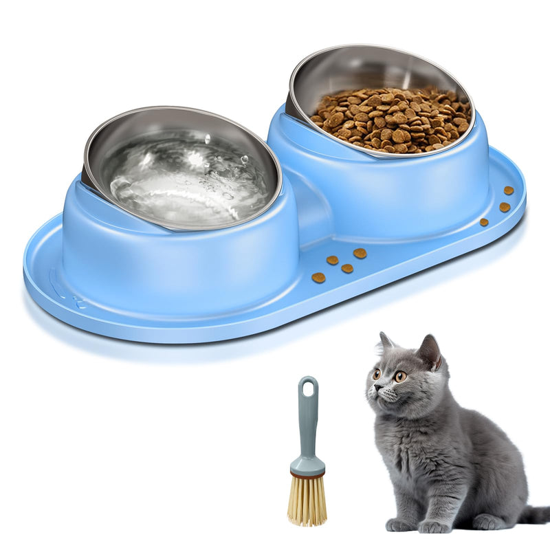 Cat Bowls 2 Stainless Steel Bowl for Pet Dog Water and Food Feeder with Non Spill Skid Resistant Silicone Mat,Tilted Bowls Elevated Anti Vomiting, Non-Slip Base, Ant Proof Food & Water.Blue Blue