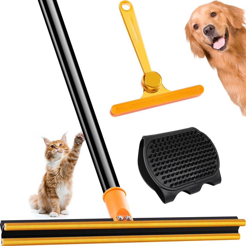 3 in 1 Carpet Rake for Pet Hair Removal Tool, 51” Adjustable Long Handle Pet Hair Removal Broom, Pet Grooming Brush, Cat Dog Hair Remover Carpet Scraper for Rugs, Mats Orange-Black - PawsPlanet Australia