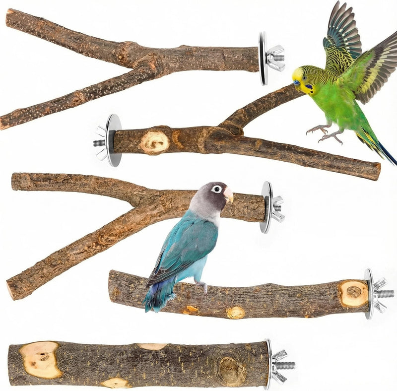 5PCS Natural Wood Bird Perch Set - Straight & Forked Branch Perches Cage Perches Accessories for Small Medium Birds, Parakeets, Budgies, Cockatiels, Conures brown Essential Perch Bundle - 5PCS