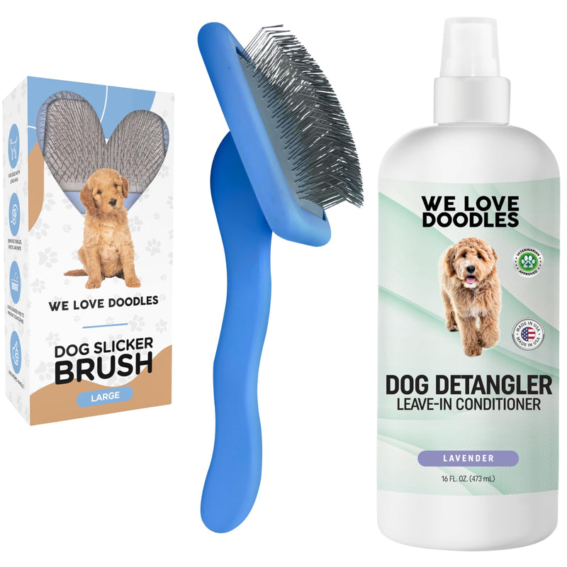 We Love Doodles Large Dog Slicker Brush & Detangler Spray Lavender - Dog Brush for Long Haired Dogs, Goldendoodles & Doodles, Tangle Remover, Dematting Spray & Leave in Conditioner for Dogs, 16 oz - PawsPlanet Australia