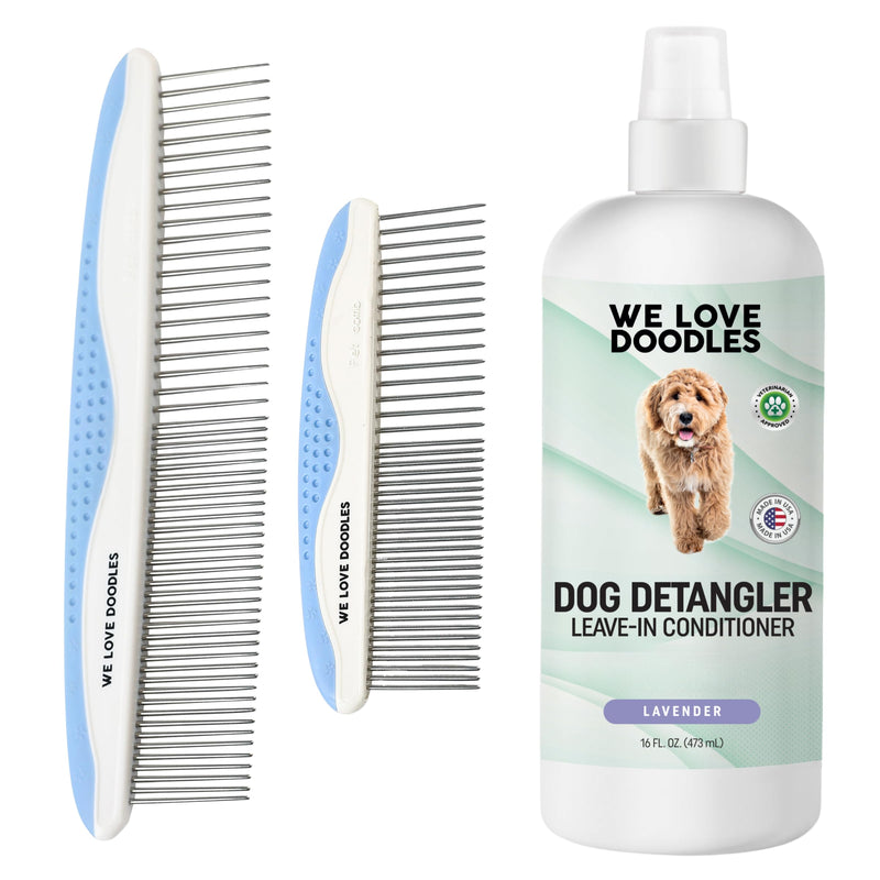 We Love Doodles Dog Comb (2 Packs) & Lavender Detangler Spray 16oz – Pet Grooming Essentials, Stainless Steel Rounded-End Dematting Metal Comb for Dogs, Dog Leave-In Conditioner Spray for Detangling