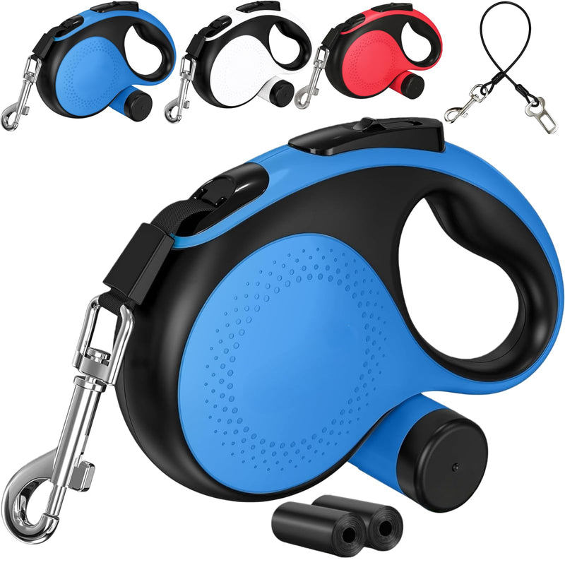 26FT Heavy Duty Retractable Dog Leash for Large Dogs Up to 110lbs,Chew Proof Nylon,360° Tangle-Free,One-Hand Brake Lock,Anti-Slip Grip,Extendable Leash with Poop Bag Holder (Blue) Blue Large - 26 ft