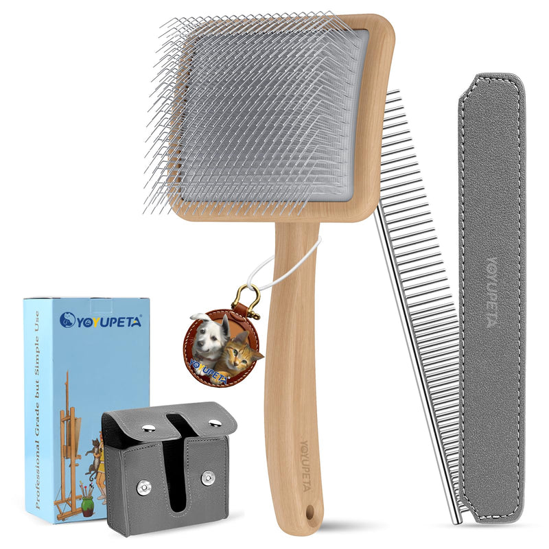 Large Dog Slicker Brush & Comb Set with Leather Sleeves - Long Pin Deshedding Brush for Golden Retrievers, Poodles, Doodles & Thick Coats, Wood Handle Pet Grooming Kit for Dogs, Cats. Natural - PawsPlanet Australia
