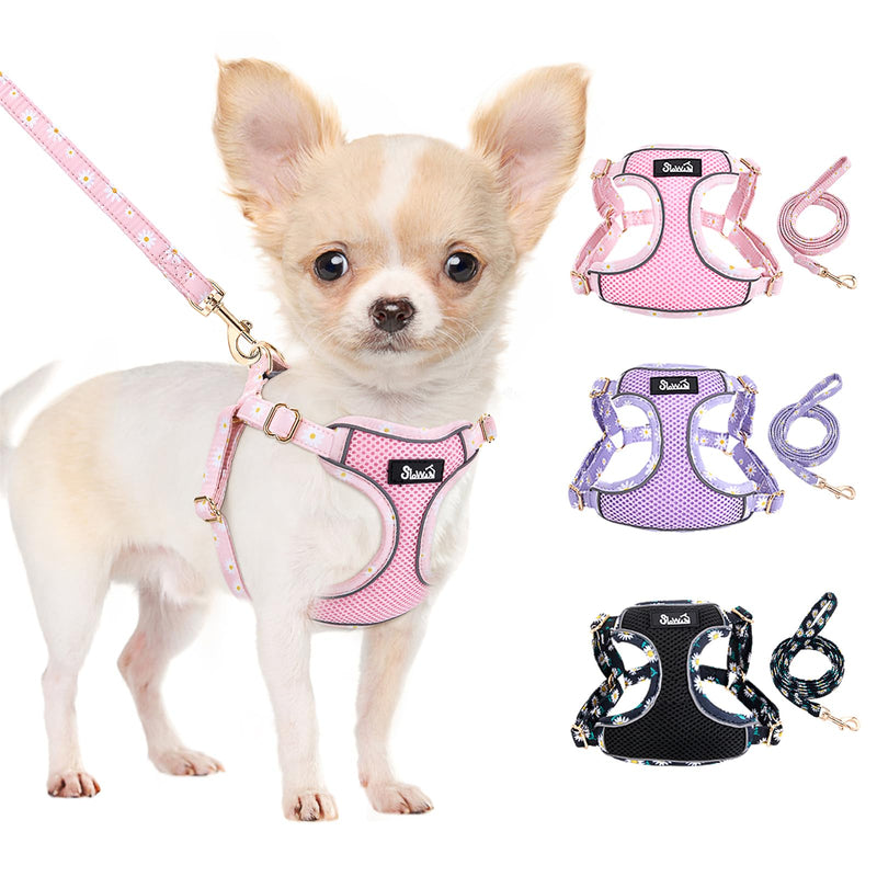 SlowTon Small Dog Harness - No Pull Dog Harness and Leash Set, Soft Mesh Lightweight Puppy Vest Harnesses, Adjustable Pet Harnesses for XXS XS Small Medium Easy Walk Hiking (Pink, XXS) XX-Small 1.Pink Daisy - PawsPlanet Australia