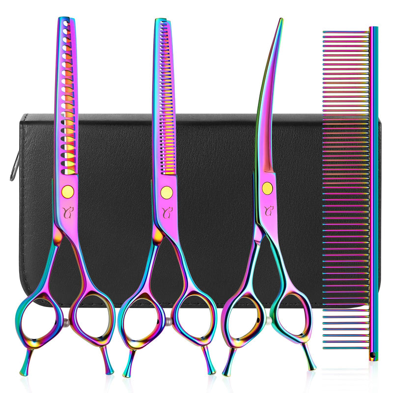 Dog Grooming Scissors, Professional 4 in 1 Dog Shears Set,Chunker Scissers,Curved Scissors,Thinning Shears and Comb for Cat Pet with Left Handed Deg Curved Shear - PawsPlanet Australia