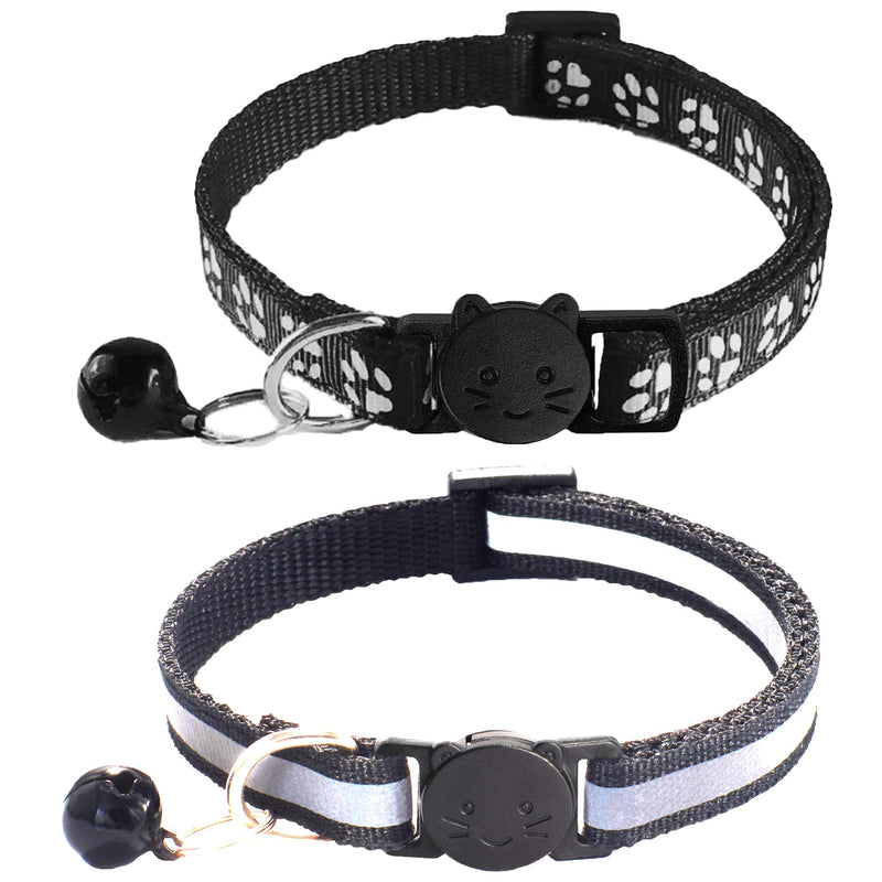 2 Pack Breakaway Cat Collars with Bells, Reflective Design and Claw Print Design, Safety Buckle Kitten Collars Adjustable from 7.5 to 12.5 Inches (Black) Black - PawsPlanet Australia