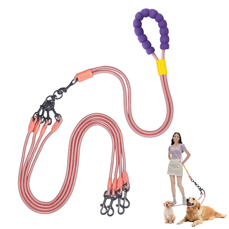 Double Dog Leash No Tangle, Adjustable Split Leads Four Pet Walking Leash with Comfortable Padded Handle for Four Dogs, Hands - Free Dual Leashes for Small/Medium Pets (Pink, Four Leashes) Pink