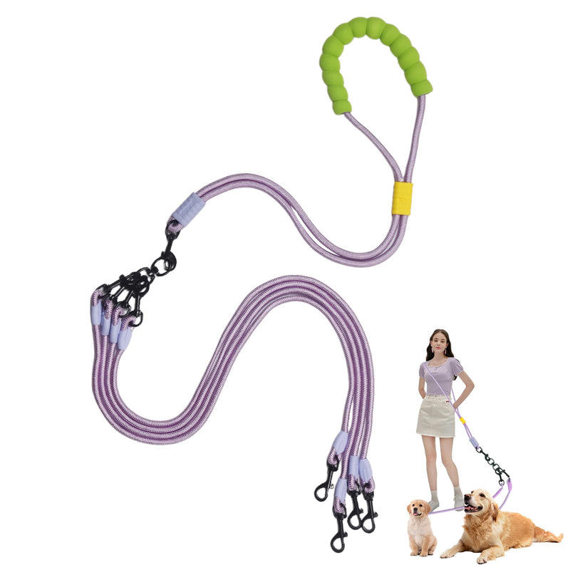 Double Dog Leash No Tangle, Adjustable Split Leads Four Pet Walking Leash with Comfortable Padded Handle for Four Dogs, Hands - Free Dual Leashes for Small/Medium Pets (Purple, Four Leashes) Purple